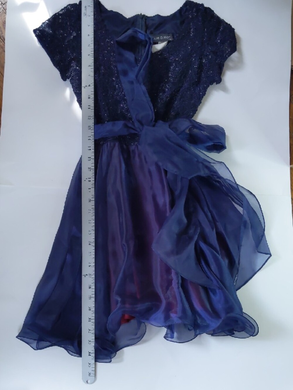 Navy Blue Lace & Chiffon Fit-and-Flare Dress - Picture 9 of 15